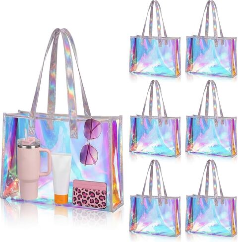 Aliceset 6 Pcs Iridescent Tote Bags with Handle Bachelorette Party Favors 15x11x4.3'' Bridesmaid Holographic Bags for Travel in Kuwait