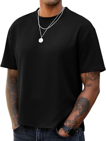 Mens Short Sleeve Oversized T-Shirts Fashion Loose Fit Drop Shoulder Crop Tops Hipster Hip Hop Crewneck Solid Tee in Saudi Arabia