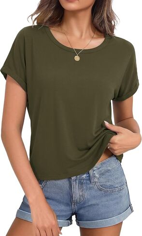 Totatuit Crop Tops for Women Roll Short Sleeve Crewneck Shirts Cropped Tshirts Summer Loose Fit Boxy Basic Tee in Saudi Arabia