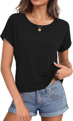 Totatuit المحاصيل القمم للنساء لفة قصيرة الأكمام Crewneck قمصان اقتصاص بلايز الصيف فضفاضة تناسب يشبه الصندوق الأساسية المحملة in Kuwait