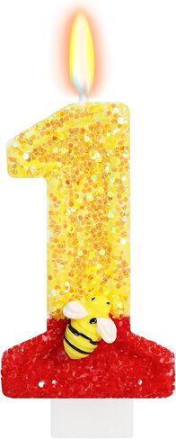 Cartoon Honey Bear Birthday Number 1 Candle, Glitter Cute Bee Cake Topper, Red Yellow Baby Bear 1st Birthday Decorations for Kids Party Supplies in Saudi Arabia