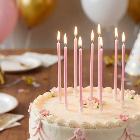 24 شموع عيد ميلاد رفيعة وطويلة، شموع وردية طويلة لتزيين الكيك، شموع الكيك، لوازم الحفلات، زينة عيد الميلاد in Kuwait