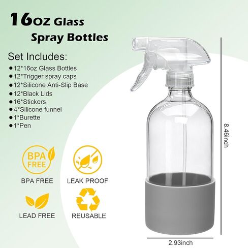 زجاجات رذاذ زجاجية سعة 16 أونصة، زجاجات رذاذ فارغة قابلة لإعادة الاستخدام، زجاجات رذاذ زجاجية للتنظيف، حاويات قابلة لإعادة الملء مع فوهات رش للتنظيف، منظف النوافذ، العناية بالشعر، زهور 12 عبوة in Kuwait