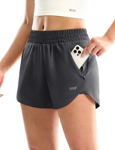 MIER Womens 3" Running Shorts with Mesh Liner - Mid Waisted 2 in 1 Quick Dry Workout Gym Athletic Shorts with Zipper Pockets in Saudi Arabia