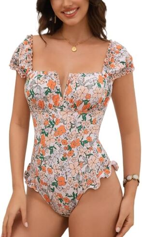 Women's One Piece Swimsuits Tummy Control Ruffle Bathing Suit V Neck Ruched Push Up Swim Suit Slimming Swimwear in Saudi Arabia