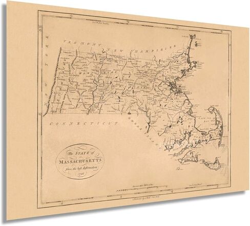 خريطة HISTORIX Vintage 1796 لولاية ماساتشوستس - لوحة فنية جدارية مقاس 24 × 36 بوصة - طباعة ملصق على مستوى الدولة (مقاسان) in Kuwait