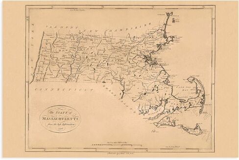 خريطة HISTORIX Vintage 1796 لولاية ماساتشوستس - لوحة فنية جدارية مقاس 24 × 36 بوصة - طباعة ملصق على مستوى الدولة (مقاسان) in Kuwait