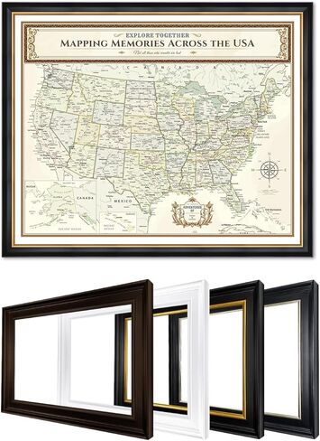 ديكورات - خريطة السفر بالولايات المتحدة الأمريكية، لوحة فنية جدارية قابلة للتخصيص على الطراز العتيق، طباعة جيكلي، إطار خشبي اختياري، مقاس القماش: 20 × 16، للمنزل أو المكتب أو عربة سكن متنقلة، جاهزة للتعليق، صنع في الولايات المتحدة الأمريكية in Kuwait