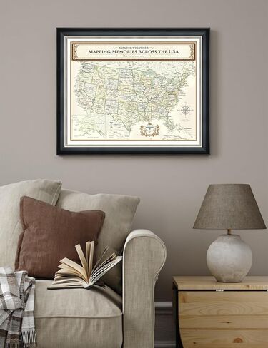 ديكورات - خريطة السفر بالولايات المتحدة الأمريكية، لوحة فنية جدارية قابلة للتخصيص على الطراز العتيق، طباعة جيكلي، إطار خشبي اختياري، مقاس القماش: 20 × 16، للمنزل أو المكتب أو عربة سكن متنقلة، جاهزة للتعليق، صنع في الولايات المتحدة الأمريكية in Kuwait