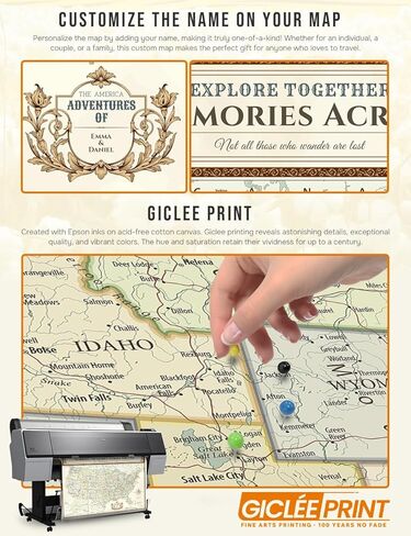 ديكورات - خريطة السفر بالولايات المتحدة الأمريكية، لوحة فنية جدارية قابلة للتخصيص على الطراز العتيق، طباعة جيكلي، إطار خشبي اختياري، مقاس القماش: 20 × 16، للمنزل أو المكتب أو عربة سكن متنقلة، جاهزة للتعليق، صنع في الولايات المتحدة الأمريكية in Kuwait