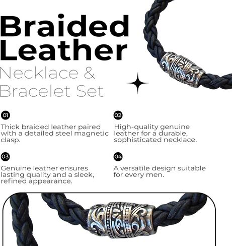 Thick Braided Leather Bracelet & Necklace Set - Bracelets for Men with Added Comfort - Leather Accessories for Men with Extended Durability in Saudi Arabia
