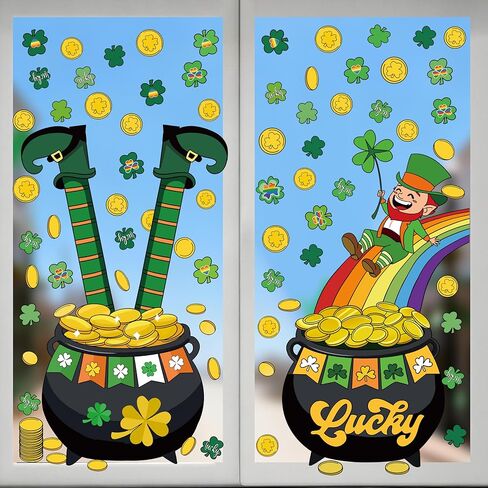 ملصقات نافذة عيد القديس باتريك العملاقة، أكثر من 100 قطعة من نبات النفل الأخضر، وعملة ذهبية وملصقات قوس قزح، 11.8 × 35.4 بوصة، عبوتان لديكور الحفلات in Kuwait