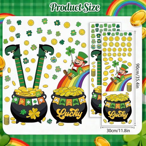 ملصقات نافذة عيد القديس باتريك العملاقة، أكثر من 100 قطعة من نبات النفل الأخضر، وعملة ذهبية وملصقات قوس قزح، 11.8 × 35.4 بوصة، عبوتان لديكور الحفلات in Kuwait