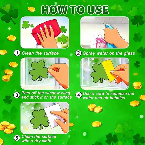 ملصقات نافذة عيد القديس باتريك العملاقة، أكثر من 100 قطعة من نبات النفل الأخضر، وعملة ذهبية وملصقات قوس قزح، 11.8 × 35.4 بوصة، عبوتان لديكور الحفلات in Kuwait