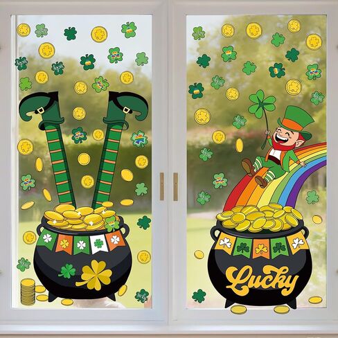 ملصقات نافذة عيد القديس باتريك العملاقة، أكثر من 100 قطعة من نبات النفل الأخضر، وعملة ذهبية وملصقات قوس قزح، 11.8 × 35.4 بوصة، عبوتان لديكور الحفلات in Kuwait