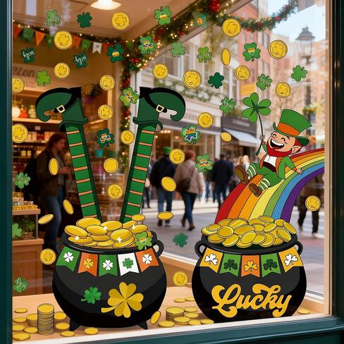 ملصقات نافذة عيد القديس باتريك العملاقة، أكثر من 100 قطعة من نبات النفل الأخضر، وعملة ذهبية وملصقات قوس قزح، 11.8 × 35.4 بوصة، عبوتان لديكور الحفلات in Kuwait