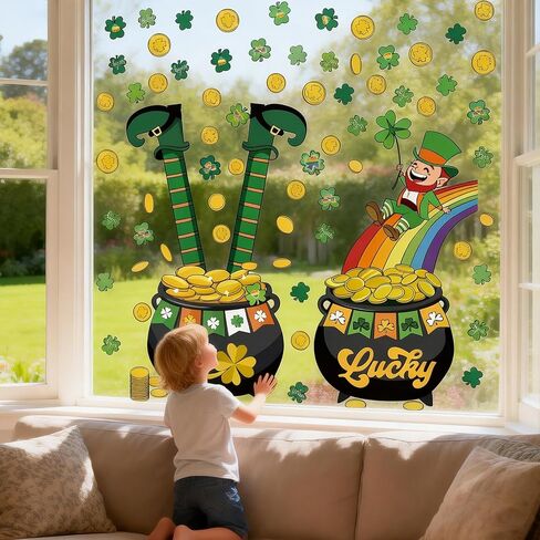 ملصقات نافذة عيد القديس باتريك العملاقة، أكثر من 100 قطعة من نبات النفل الأخضر، وعملة ذهبية وملصقات قوس قزح، 11.8 × 35.4 بوصة، عبوتان لديكور الحفلات in Kuwait