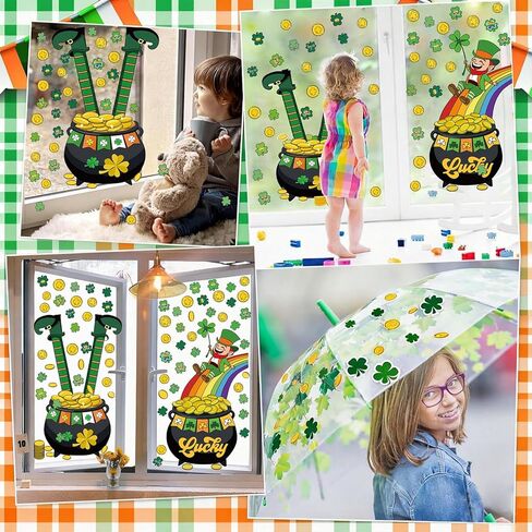 ملصقات نافذة عيد القديس باتريك العملاقة، أكثر من 100 قطعة من نبات النفل الأخضر، وعملة ذهبية وملصقات قوس قزح، 11.8 × 35.4 بوصة، عبوتان لديكور الحفلات in Kuwait