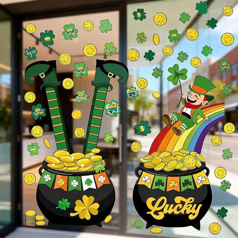 ملصقات نافذة عيد القديس باتريك العملاقة، أكثر من 100 قطعة من نبات النفل الأخضر، وعملة ذهبية وملصقات قوس قزح، 11.8 × 35.4 بوصة، عبوتان لديكور الحفلات in Kuwait