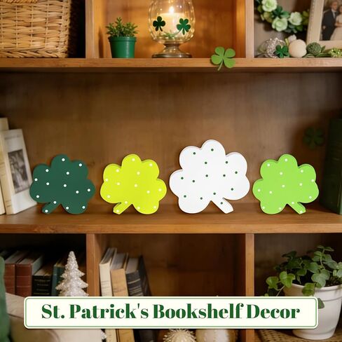 ديكور يوم القديس باتريك، 4 قطع من زخارف شامروك الخشبية، مقاسات وألوان مختلطة ديكور شامروك لطاولة مكتب صينية متدرجة in Kuwait