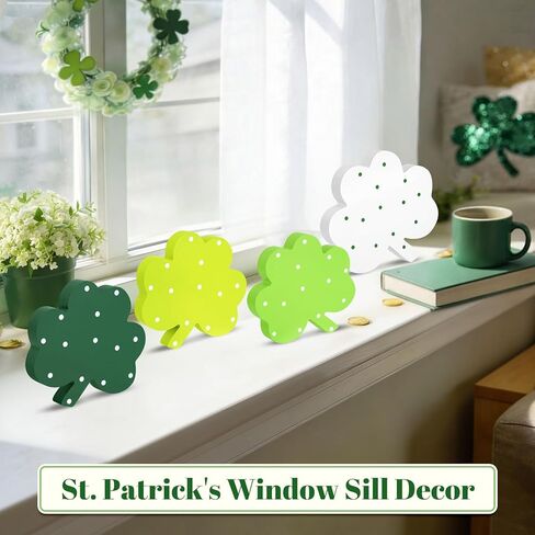 ديكور يوم القديس باتريك، 4 قطع من زخارف شامروك الخشبية، مقاسات وألوان مختلطة ديكور شامروك لطاولة مكتب صينية متدرجة in Kuwait