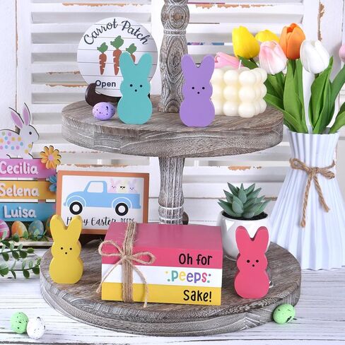 ديكورات أرنب عيد الفصح للمنزل، 7 قطع ديكور خشبي لعيد الفصح مع أرانب أرنب ملونة وأكوام كتب خشبية، ديكور قطع مركزية لطاولة الربيع لمكتب صينية متدرجة (4 أرانب) in Kuwait