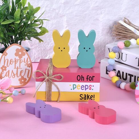 ديكورات أرنب عيد الفصح للمنزل، 7 قطع ديكور خشبي لعيد الفصح مع أرانب أرنب ملونة وأكوام كتب خشبية، ديكور قطع مركزية لطاولة الربيع لمكتب صينية متدرجة (4 أرانب) in Kuwait