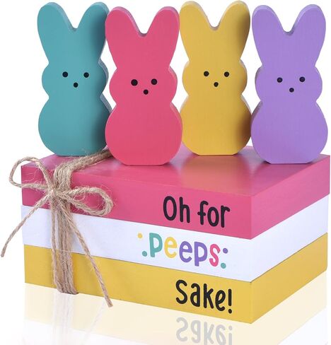 ديكورات أرنب عيد الفصح للمنزل، 7 قطع ديكور خشبي لعيد الفصح مع أرانب أرنب ملونة وأكوام كتب خشبية، ديكور قطع مركزية لطاولة الربيع لمكتب صينية متدرجة (4 أرانب) in Kuwait