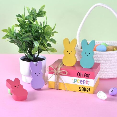 ديكورات أرنب عيد الفصح للمنزل، 7 قطع ديكور خشبي لعيد الفصح مع أرانب أرنب ملونة وأكوام كتب خشبية، ديكور قطع مركزية لطاولة الربيع لمكتب صينية متدرجة (4 أرانب) in Kuwait