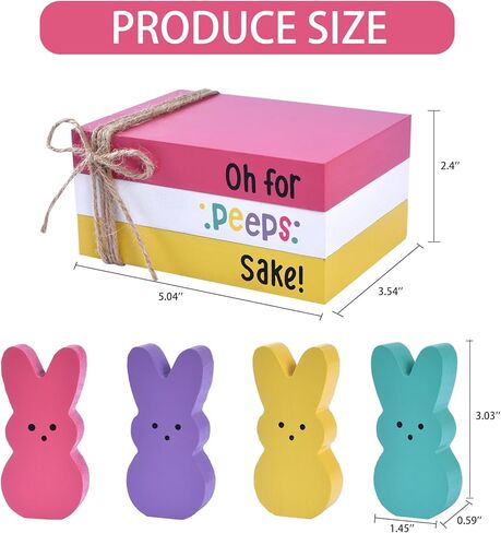 ديكورات أرنب عيد الفصح للمنزل، 7 قطع ديكور خشبي لعيد الفصح مع أرانب أرنب ملونة وأكوام كتب خشبية، ديكور قطع مركزية لطاولة الربيع لمكتب صينية متدرجة (4 أرانب) in Kuwait