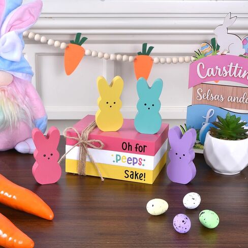 ديكورات أرنب عيد الفصح للمنزل، 7 قطع ديكور خشبي لعيد الفصح مع أرانب أرنب ملونة وأكوام كتب خشبية، ديكور قطع مركزية لطاولة الربيع لمكتب صينية متدرجة (4 أرانب) in Kuwait