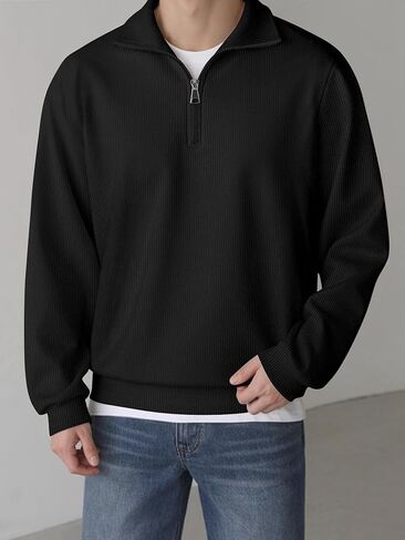 Men's Lightweight French Rib Quarter-Zip Polo Sweater - Solid Color Casual Pullover for Daily Wear in Saudi Arabia