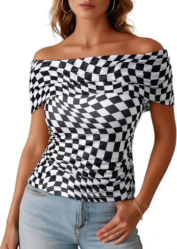 Dokotoo Women's Off Shoulder Printed Mesh Top Ruched Slim Fit Blouse in Saudi Arabia