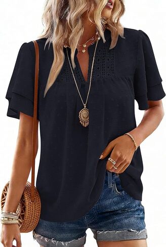 Womens Summer Tops Butterfly Short Sleeve V Neck Boho Blouses Swiss Dot Shirts Dressy Casual Flowy Outfits 2026 in Saudi Arabia