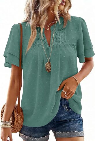 Womens Summer Tops Butterfly Short Sleeve V Neck Boho Blouses Swiss Dot Shirts Dressy Casual Flowy Outfits 2026 in Saudi Arabia