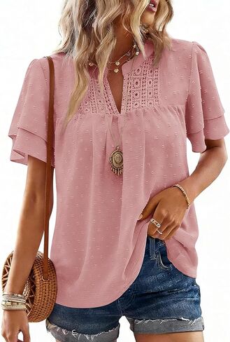 Womens Summer Tops Butterfly Short Sleeve V Neck Boho Blouses Swiss Dot Shirts Dressy Casual Flowy Outfits 2026 in Saudi Arabia