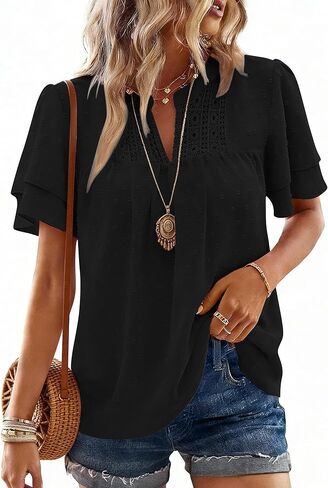 Womens Summer Tops Butterfly Short Sleeve V Neck Boho Blouses Swiss Dot Shirts Dressy Casual Flowy Outfits 2026 in Saudi Arabia