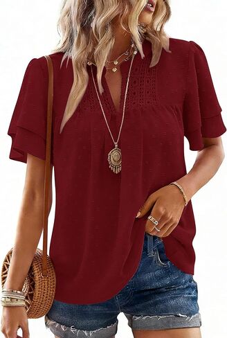 Womens Summer Tops Butterfly Short Sleeve V Neck Boho Blouses Swiss Dot Shirts Dressy Casual Flowy Outfits 2026 in Saudi Arabia
