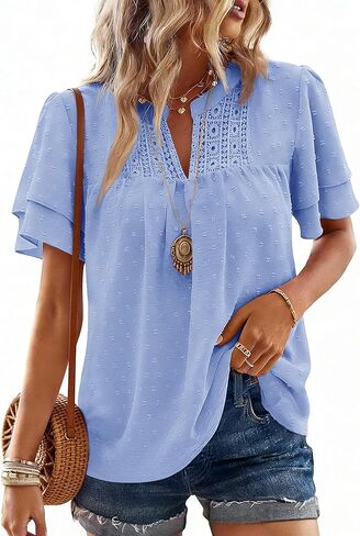 Womens Summer Tops Butterfly Short Sleeve V Neck Boho Blouses Swiss Dot Shirts Dressy Casual Flowy Outfits 2026 in Saudi Arabia