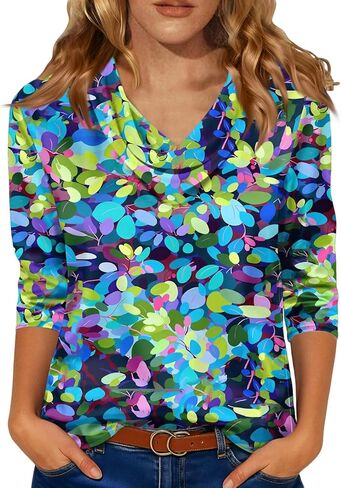 Womens V Neck T Shirts 3/4 Sleeve Casual Shirt Soft Flowers Print Basic Pile Collar Tops Fashion Outfits in Kuwait
