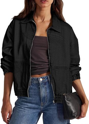 Glamaker Womens Oversized Denim Jacket Trendy Casual Zip Up Long Sleeve Loose Fit Jean Jackets Outfits Outerwear in Saudi Arabia