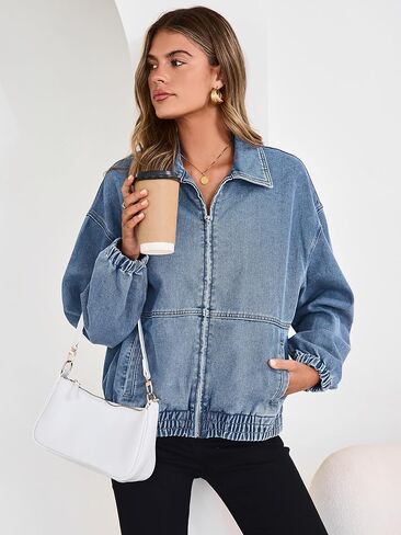 Glamaker Womens Oversized Denim Jacket Trendy Casual Zip Up Long Sleeve Loose Fit Jean Jackets Outfits Outerwear in Saudi Arabia