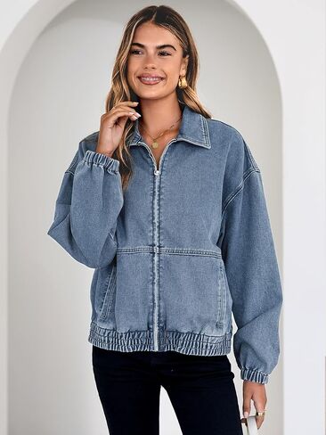 Glamaker Womens Oversized Denim Jacket Trendy Casual Zip Up Long Sleeve Loose Fit Jean Jackets Outfits Outerwear in Saudi Arabia