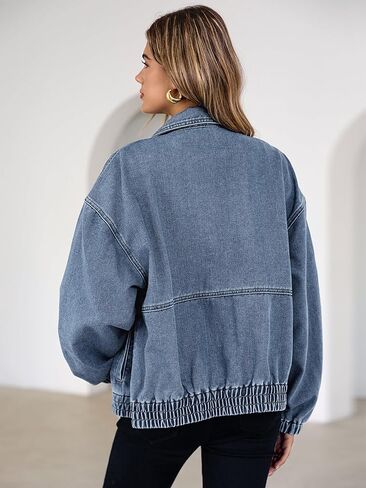 Glamaker Womens Oversized Denim Jacket Trendy Casual Zip Up Long Sleeve Loose Fit Jean Jackets Outfits Outerwear in Saudi Arabia