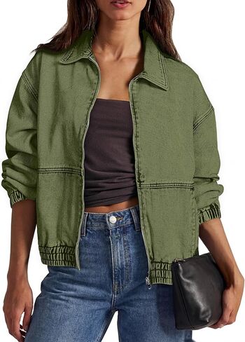 Glamaker Womens Oversized Denim Jacket Trendy Casual Zip Up Long Sleeve Loose Fit Jean Jackets Outfits Outerwear in Saudi Arabia
