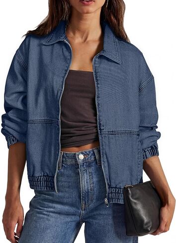 Glamaker Womens Oversized Denim Jacket Trendy Casual Zip Up Long Sleeve Loose Fit Jean Jackets Outfits Outerwear in Saudi Arabia
