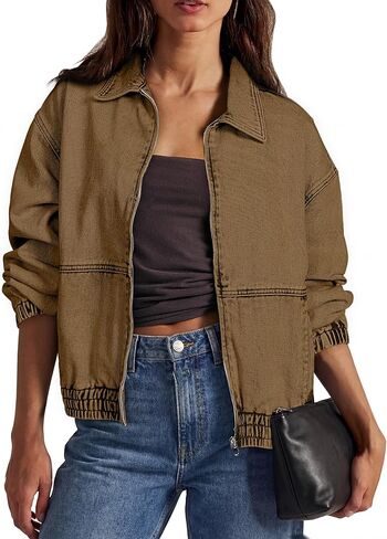 Glamaker Womens Oversized Denim Jacket Trendy Casual Zip Up Long Sleeve Loose Fit Jean Jackets Outfits Outerwear in Saudi Arabia