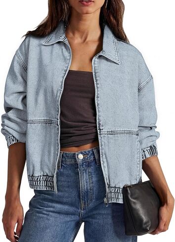 Glamaker Womens Oversized Denim Jacket Trendy Casual Zip Up Long Sleeve Loose Fit Jean Jackets Outfits Outerwear in Saudi Arabia