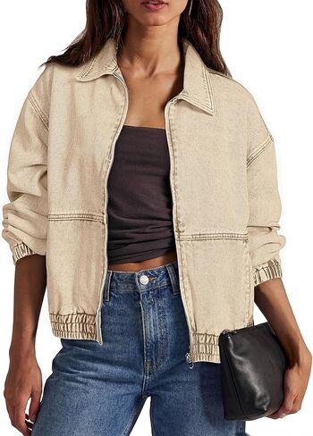 Glamaker Womens Oversized Denim Jacket Trendy Casual Zip Up Long Sleeve Loose Fit Jean Jackets Outfits Outerwear in Saudi Arabia