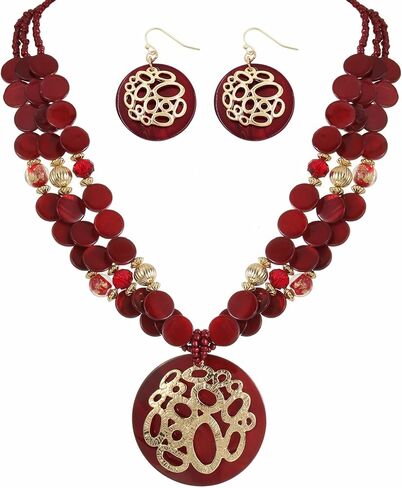 Gold/Silver plated Circle Metal Patterned Shell Pendant Necklace and Earrings Colorful Chunky Layered Shell Crystal Stone Beads Necklace Set for Women Leopard Print Brown Jewelry Set Gift in Saudi Arabia